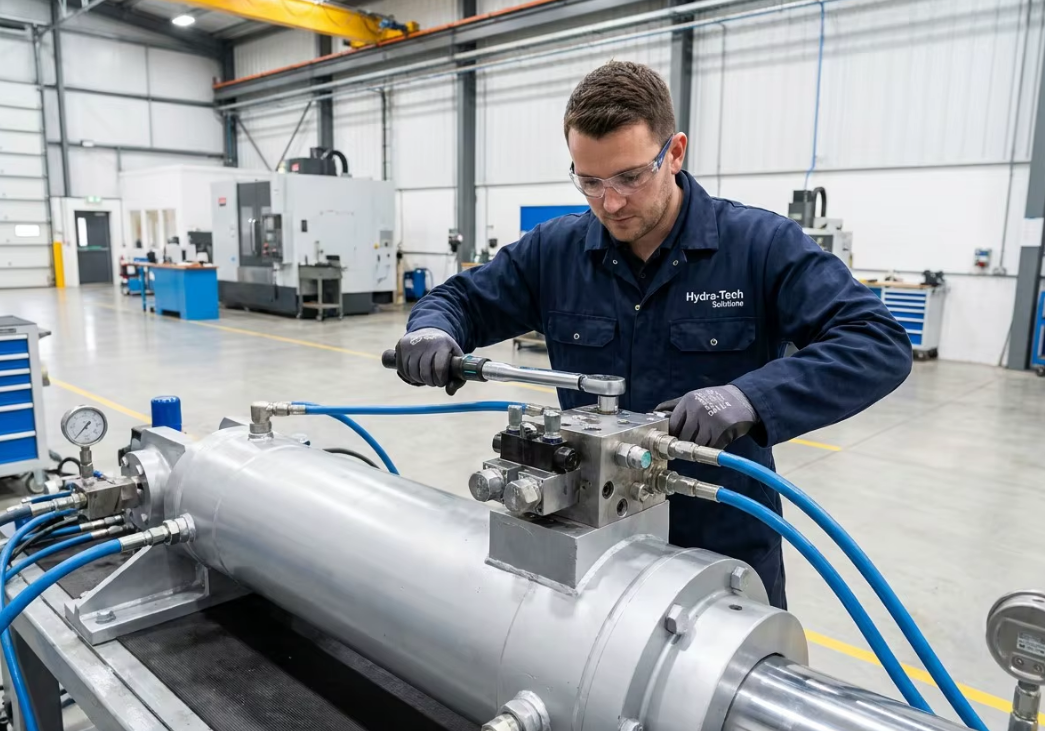 HCIC hydraulic engineer performing quality control and valve adjustment 