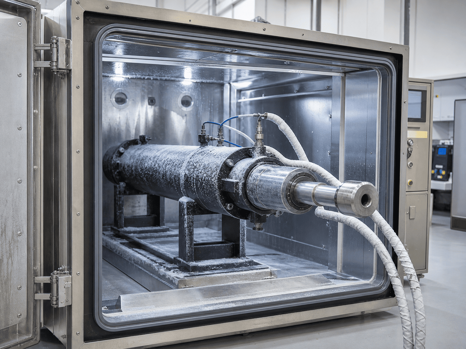 hydraulic cylinder sub-zero temperature thermal shock test in environmental chamber at minus 40 degrees